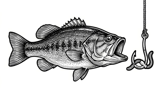 Fish caught on a baited hook, detailed sketch-style raster illustration. Black and white artwork featuring vintage engraving aesthetics, scratchboard imitation, intricate linework.