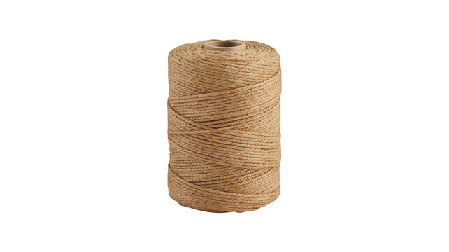 A vertical spool of thick natural jute twine string isolated on a solid black background, for craft and, industrial packaging projects