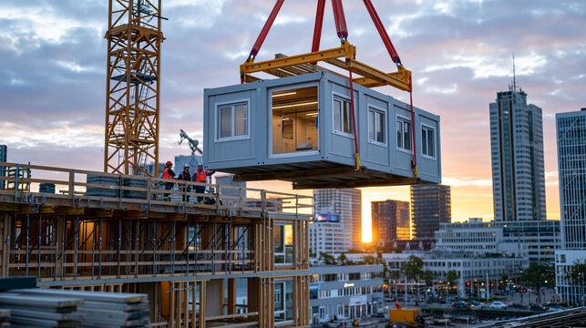 Tower crane lifting gray prefabricated modular bathroom pod above multi-storey residential construction frame at golden hour, rigging crew on upper deck guiding module into floor opening, skyline vi