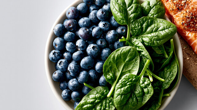 Bowl filled with fresh blueberries and green spinach leaves next to whole grain bread