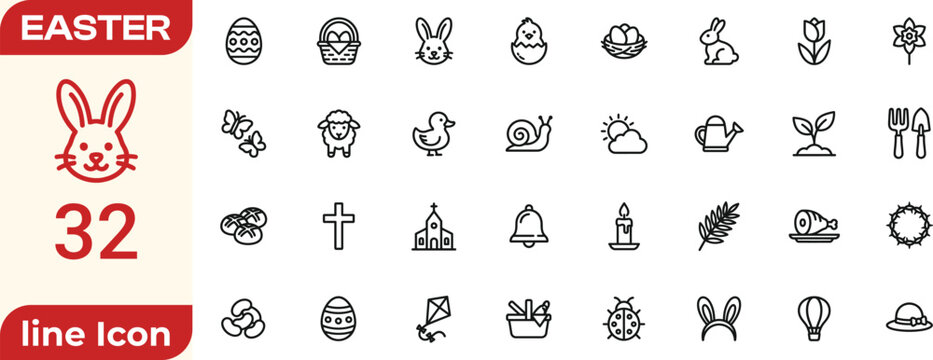 Easter icon set. Editable line icons. Vector illustration.