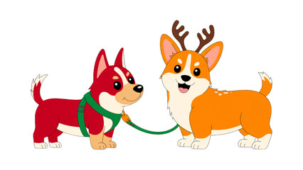 Two cartoon dogs with festive reindeer antlers playing together Vector © AZIFA