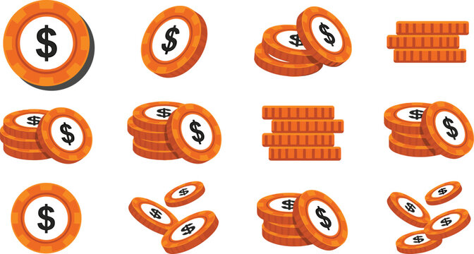Gold Casino Chips and Casino Tokens Vector Illustration Set with Stacks, Piles, and Falling Dollar Coins Isolated on White Background