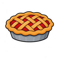 Fresh baked cherry pie with lattice crust in a silver metal baking pan isolated on white background