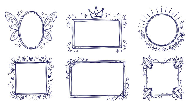 Set of handdrawn doodle frames with fairy wings, crown, crystals, and flowers