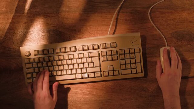 Man working and gaming on retro computer PC, IT engineer with vintage computer at home, using old fashion technology, close up of retro setup. 