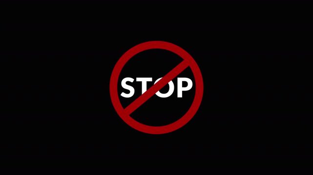  NO stop text icon animation with a circular red and black.stop, not allowed and ban concept animation on black background. 4k video animation with alpha channel.
