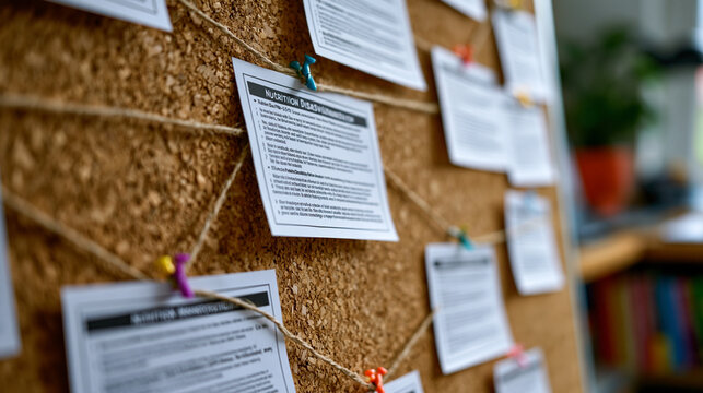 Close-up of a nutrition misinformation flowchart pinned to a corkboard in a registered dietitian office, each myth connected by string to a printed peer-reviewed rebuttal, the methodical visual layo