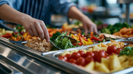 Obraz premium Elementary school cafeteria line from a child perspective at counter height, showing a colorful tray of balanced portions including whole grains, vegetables, and fruit being assembled by a lunch sta