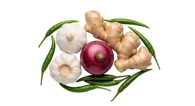 Fresh garlic ginger onion and green chili peppers