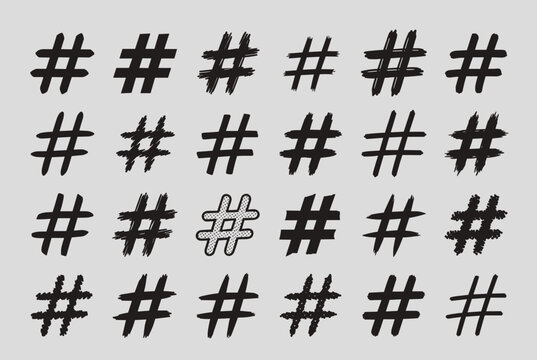 Grid of various hand drawn black hashtags with one unique dotted pattern symbol representing individuality and social media trends.