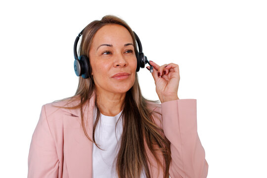 Woman wearing an headset, managing customer service and providing support on transparent background