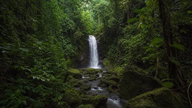 Secret Jungle Waterfall in Deep Rocks Footage for Zen Meditation Video Background Lush Green Tropical Forest Mossy Foliage Background