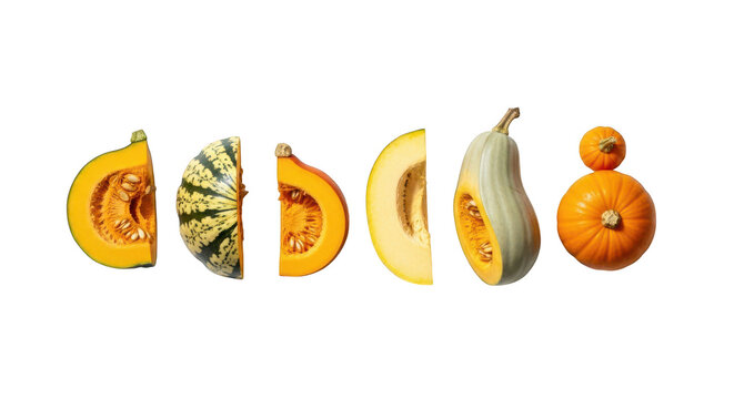 Fresh sliced pumpkins and squash arranged in a row