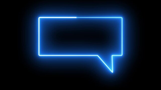 Glowing blue Neon Speech Bubble animation black background. square massage box icon.

