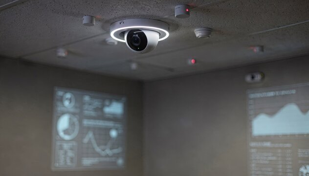 Medium frame of a ceilinginstalled IoT camera capturing discreet back room activity sensors flashing subtly with ambient analytics graphics in soft focus.