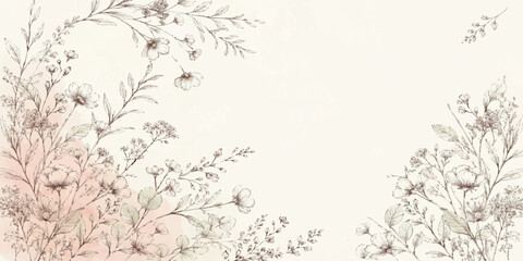 Fototapeta premium Botanical Elegance: Delicate, hand-drawn botanical illustrations adorn the frame with subtle hues of pink and beige, creating an atmosphere of soft, natural beauty.