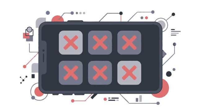 Smartphone screen displaying red cross icons on grid interface with abstract technical background elements. EPS Editable. Vector Illustrations.