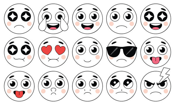 Set of expressive hand-drawn cartoon emoji faces showing diverse emotions like joy, love, and anger against a clean white background.