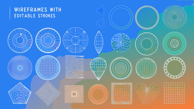 Collection Of 3d Wireframe Shapes With Editable Strokes Against A Gradient Blue Background geometry