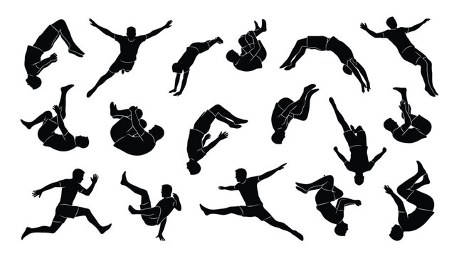 A collection of black vector silhouettes showing men performing various energetic parkour and acrobatic flips