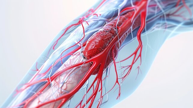 3D medical illustration of thrombosis, abnormal blood clot formation inside human blood vessel blocking bloodstream, vascular occlusion pathology diagram showing venous and arterial thrombus, 