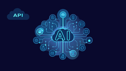 Artificial intelligence illustration with connected icons and glowing blue lines on a dark background © Chapala
