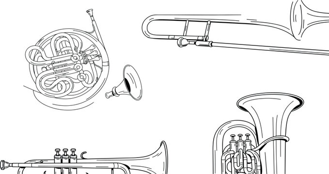 Classical Brass Musical Instruments Line Art Vector Icon Set Featuring French Horn Trombone Trumpet And Tuba For Symphony Orchestra Concert Designs