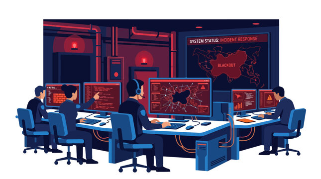Cybersecurity Team Working in High Tech Digital Command Center Monitoring Global Network Security. EPS Editable. Vector Illustrations.