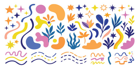 Fototapeta premium Set of colorful abstract shapes and organic plant elements with stars and wavy lines for creative design