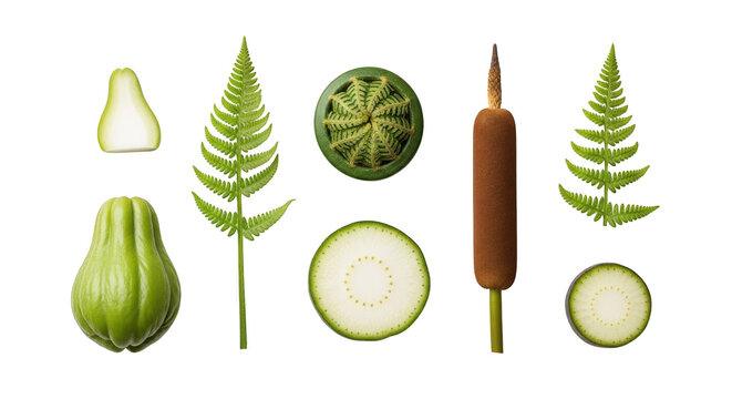 Fresh chayote squash and green fern leaves collection