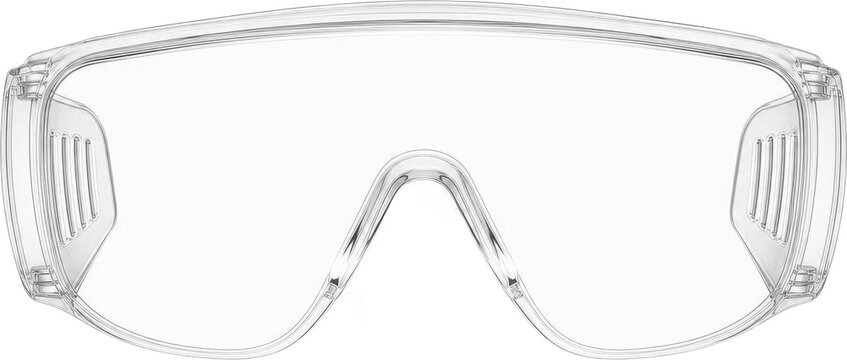 Clear plastic safety goggles with adjustable side vents and flexible nose bridge for industrial eye protection isolated on transparent background