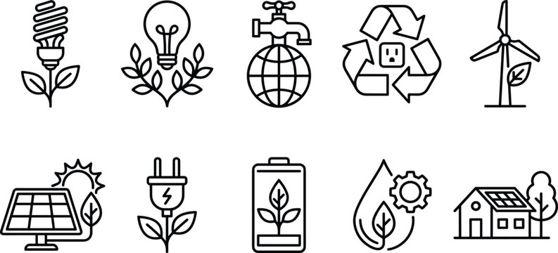 Renewable Green Energy and Sustainable Ecology Line Icon Set with Solar Panel Wind Turbine Eco Bulb Recycle Plug and Water Conservation Symbols