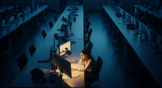 Stressed female employee working late at night in empty dark open space office