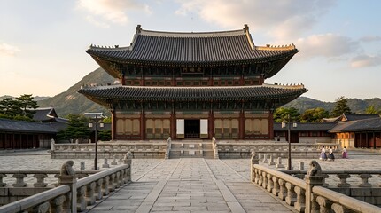 Obraz premium Gyeongbokgung Palace Seoul, Traditional Korean Architecture, Historic Landmark, Dusk Light