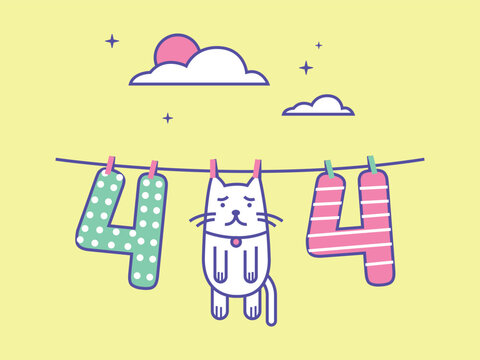 Sad cat hanging on clothesline with 404 error numbers.