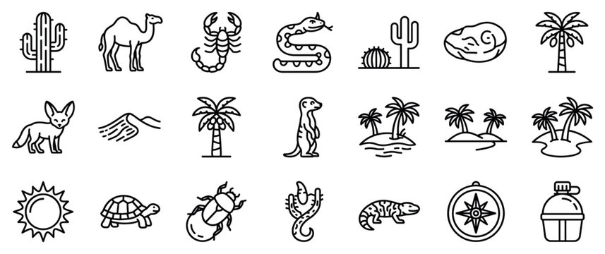 Desert and oasis icons set. Wildlife and nature in arid regions concept. Includes cactus, camel, scorpion, snake, fennec fox, palm tree, meerkat, sun, turtle, beetle, lizard, compass,