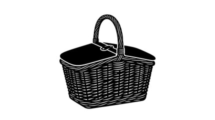 Obraz premium Black and white vector illustration of a traditional woven picnic basket with a closed lid and handle, isolated on a solid white background.