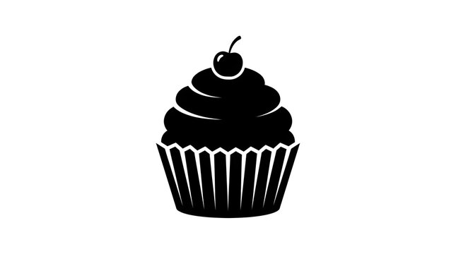 Black and white vector silhouette of a delicious sweet cupcake with thick swirled frosting and a single cherry on top, isolated on white.