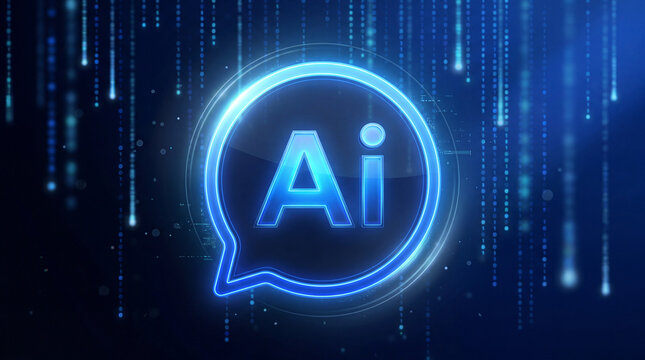 Blue Neon Artificial Intelligence Symbol with Digital Data Flow