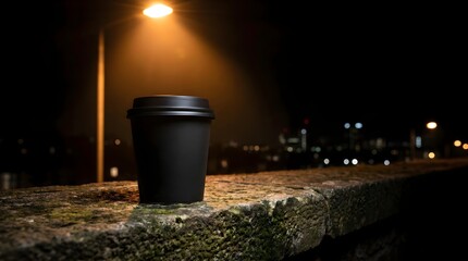 Naklejka premium Blank Matte Black Coffee Cup Mockup Illuminated by Street Lamp