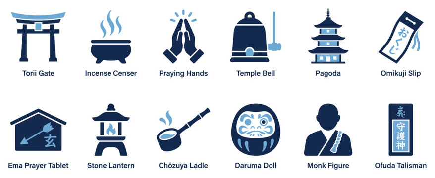 Japanese temple and shrine icons set. Traditional religious and cultural symbols concept. Includes torii gate, incense censer, praying hands, temple bell, pagoda, omikuji slip, ema prayer