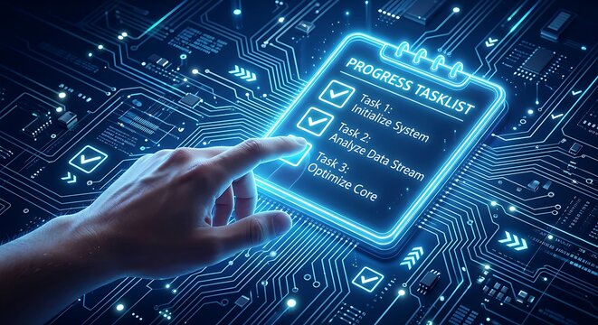 Hand checking off tasks on a glowing digital progress checklist against a circuit board background with blue neon lights