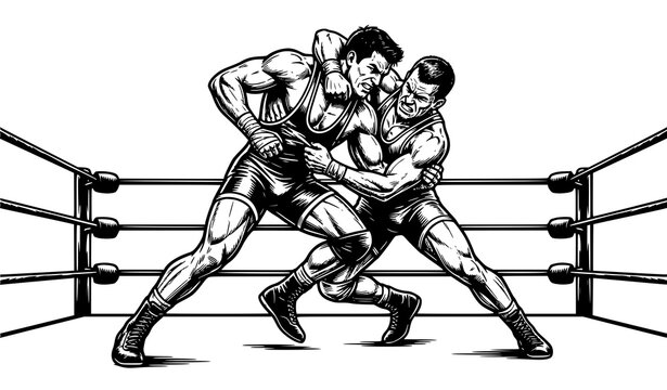 Vintage Style Wrestling Match Vector with Two Competitors Grappling in Ring