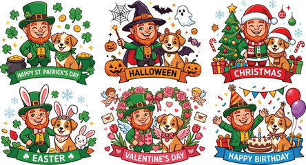 Cute leprechaun character and puppy dog holiday badges set for Christmas Halloween St Patricks Day Easter Valentines Day and birthday celebrations vector illustration © Kulsum