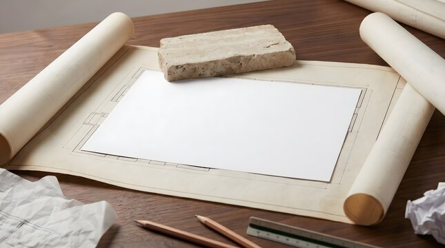 Blank White Space on Blueprint Held by Travertine Stone Mockup