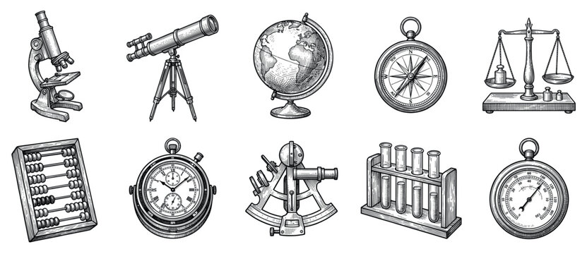 Science and education icons set. Vintage research and discovery concept. Includes microscope, telescope, globe, compass, scales, abacus, stopwatch, sextant, test tubes, manometer. Hand-drawn