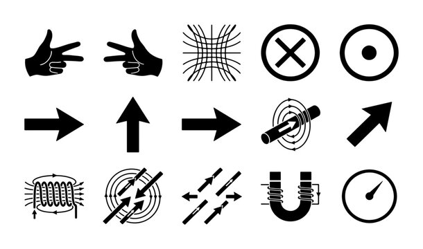 Physics science icons set, electromagnetism and magnetic field vector symbols, educational laboratory diagrams, black and white technical illustrations