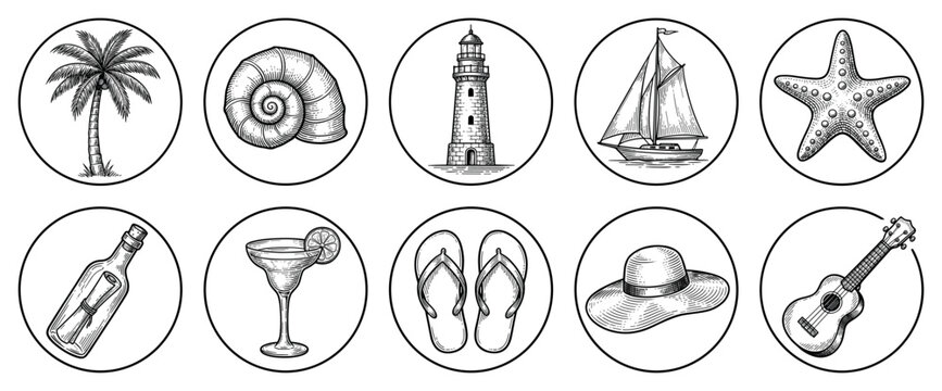 Summer vacation icons set. Beach and travel concept. Includes palm tree, seashell, lighthouse, sailboat, starfish, message in a bottle, cocktail, flip flops, sun hat, ukulele. Hand-drawn