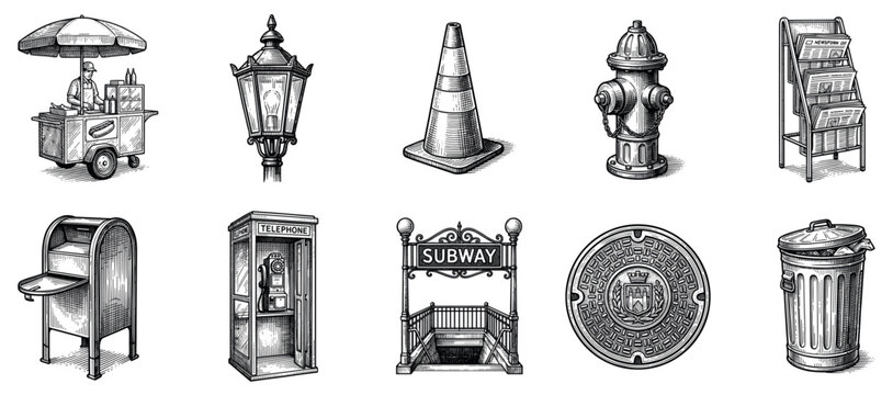 City street icons set. Urban infrastructure and public services concept. Includes hot dog cart, street lamp, traffic cone, fire hydrant, newspaper stand, mailbox, telephone booth, subway